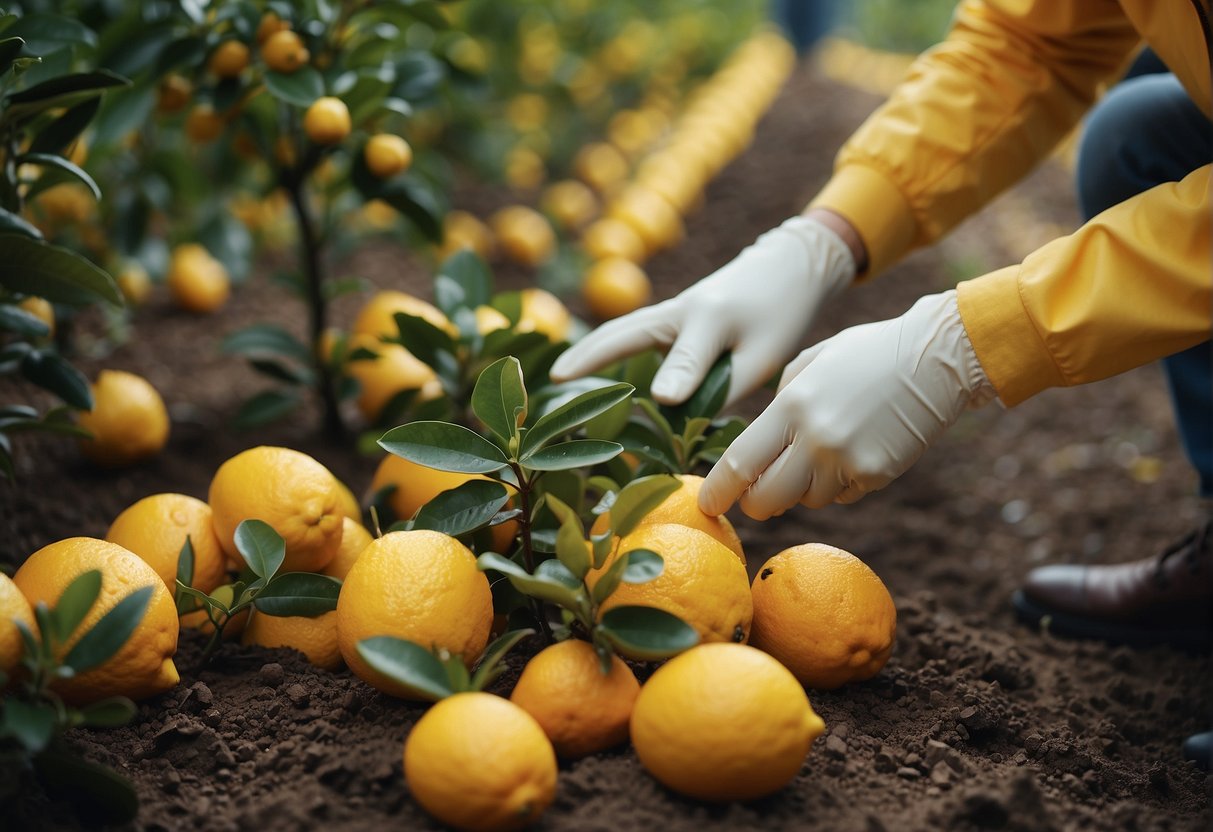 Citrus trees with yellow leaves are being fed with fertilizer by a person wearing gloves. The person is carefully spreading the fertilizer around the base of the trees