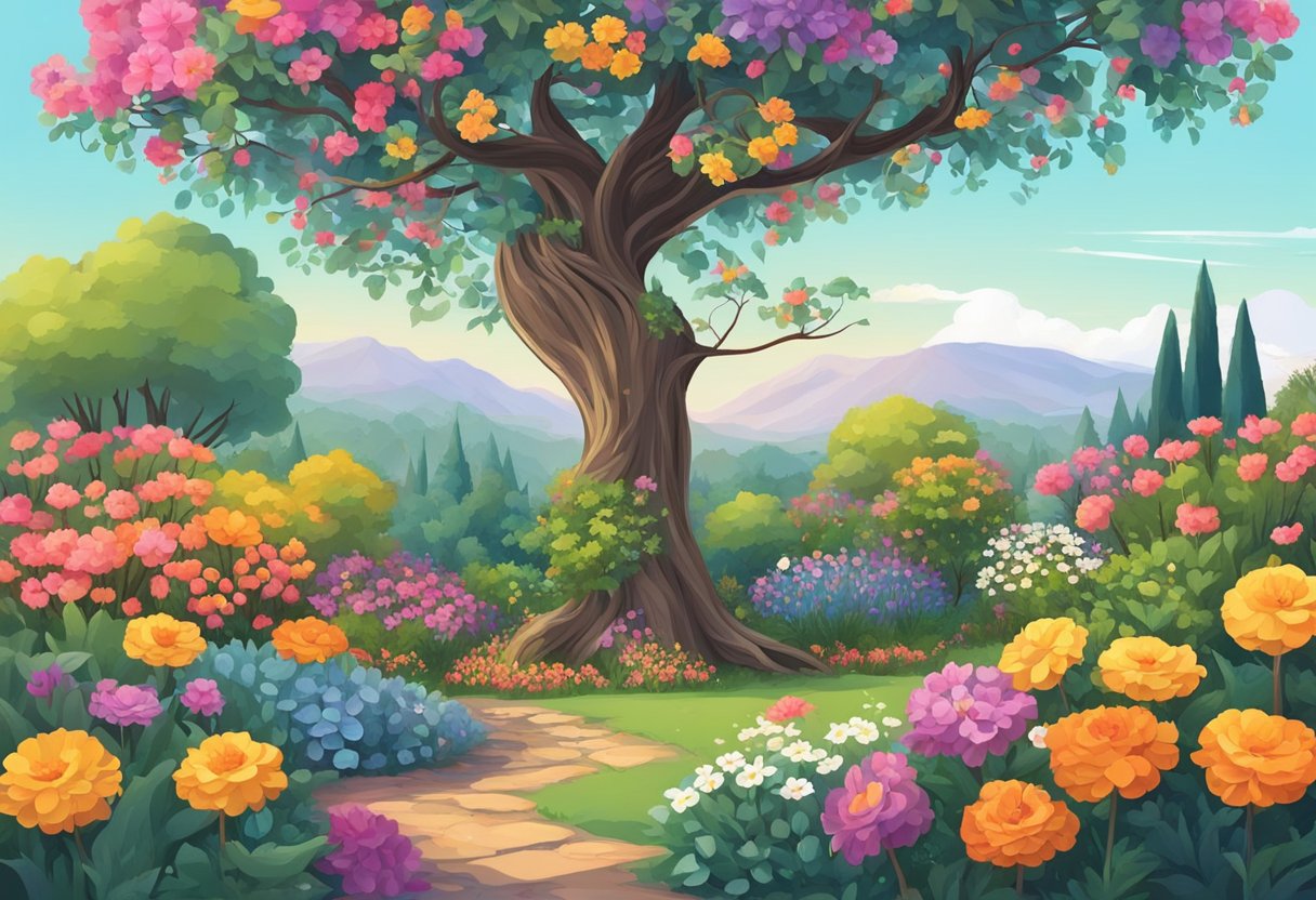 A blooming garden with a single withered tree surrounded by vibrant flowers, symbolizing hope and perseverance in the face of barrenness