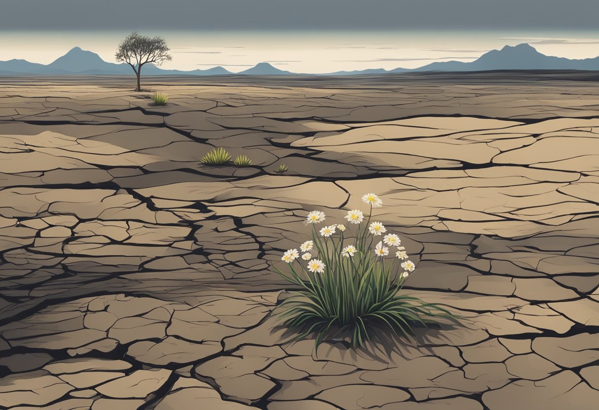 A desolate landscape with wilted flowers and empty, cracked soil. A dark, looming cloud casts a shadow over the scene, symbolizing the barrenness in vision and dreams