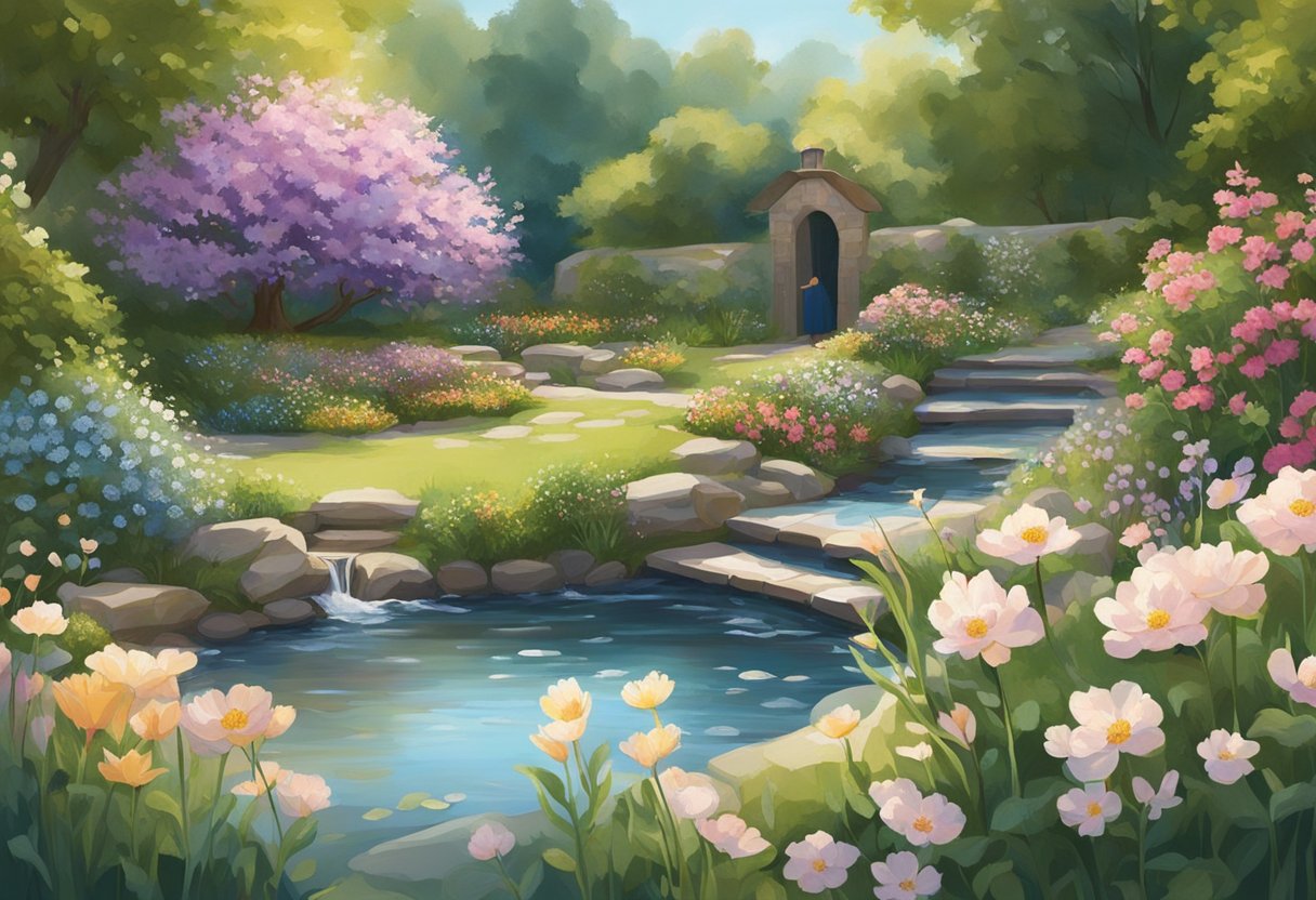 A serene, sunlit garden with blooming flowers and a clear, flowing stream. A figure kneels in prayer, surrounded by symbols of hope and fertility
