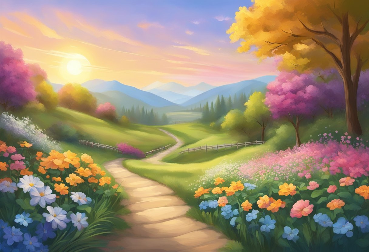 A serene landscape with a vibrant sunrise, blooming flowers, and a clear path leading towards a bright future