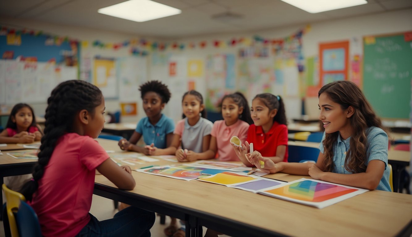 A classroom with colorful posters and art supplies. A teacher explaining the color red using visual aids and engaging activities for young students