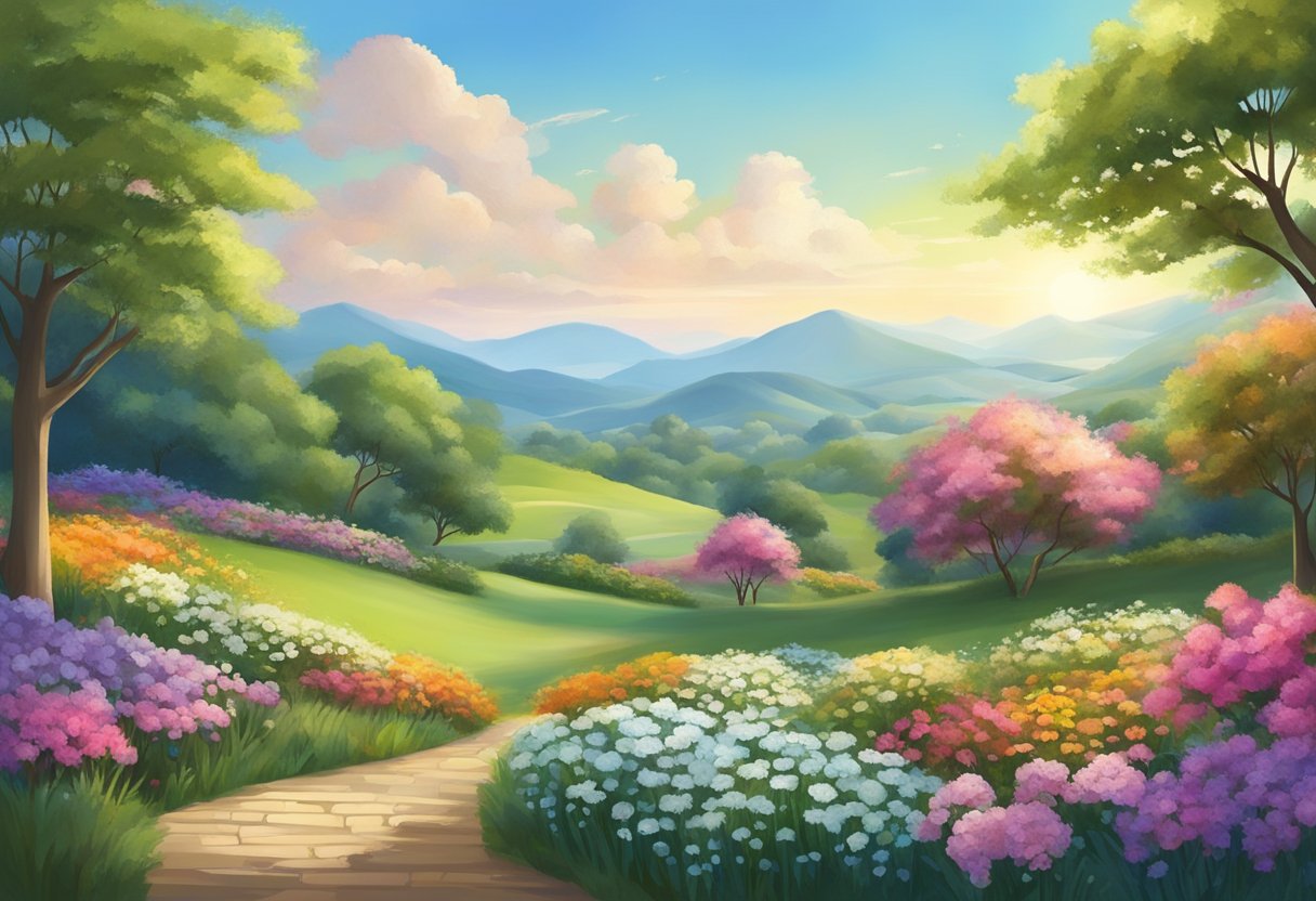 A serene landscape with a clear, open sky and a vibrant garden blooming with life, symbolizing hope and fertility