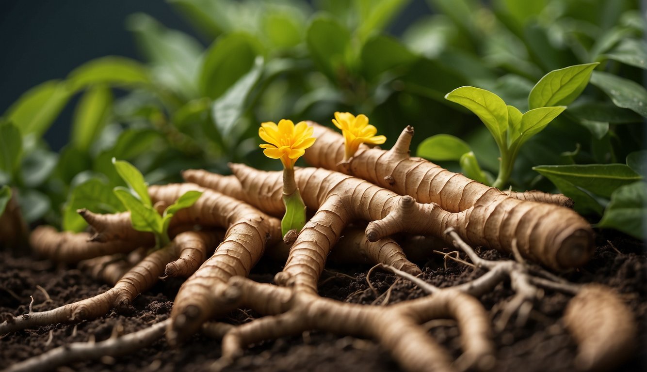 A vibrant ginger root surrounded by leaves and flowers, symbolizing its health benefits