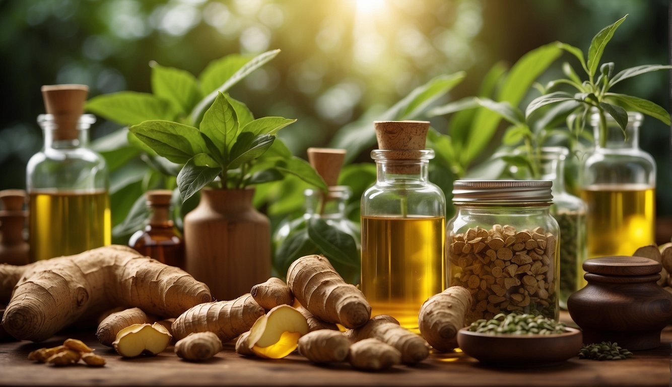 Ginger root and leaves surrounded by various medicinal bottles and herbs, with a glowing aura symbolizing its potential side effects and interactions benefits