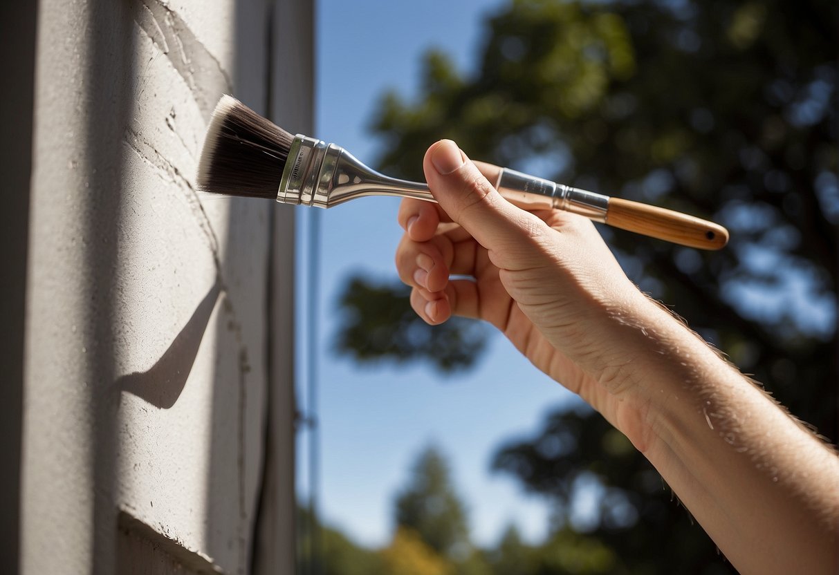 A hand holding a paintbrush applies fresh coat of paint to outdoor light fixtures on a sunny day