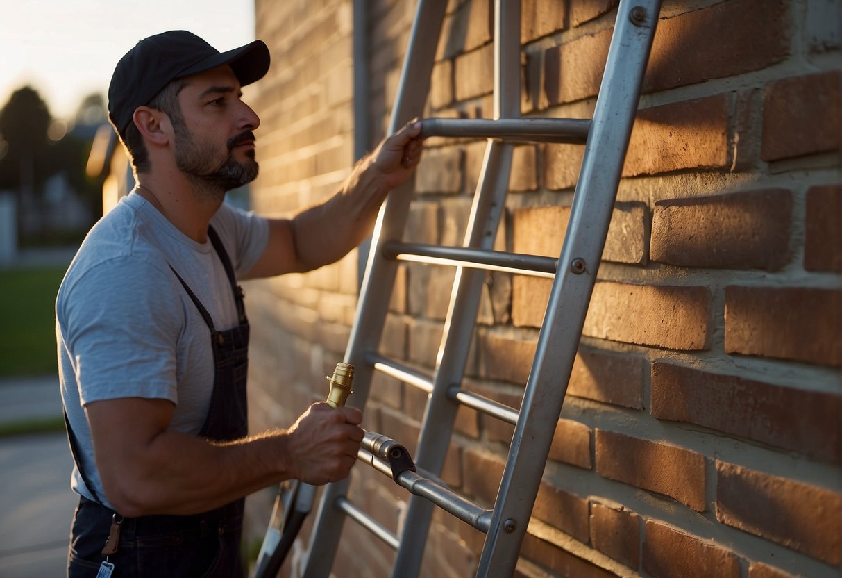 A ladder leans against a wall with outdoor light fixtures. A person paints the fixtures with a brush and can of paint