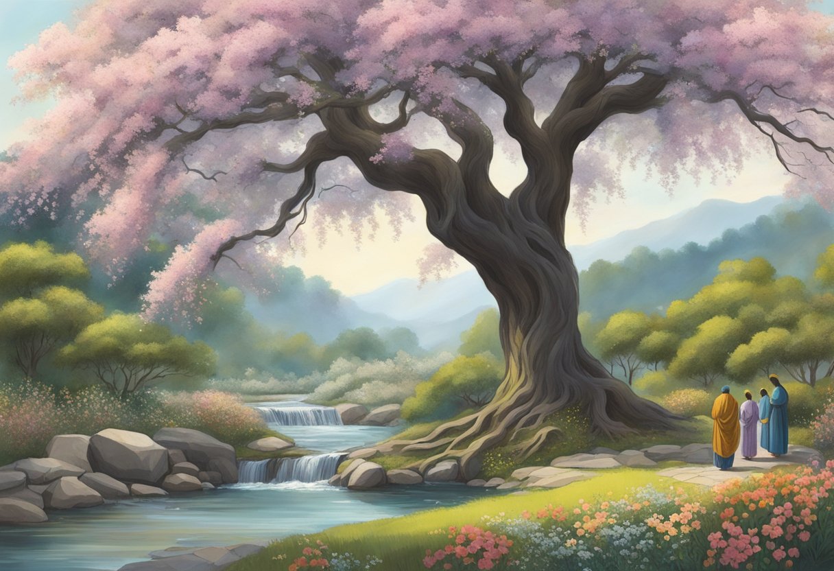 A large tree with outstretched branches, surrounded by blooming flowers and a flowing stream, as people bow in prayer nearby