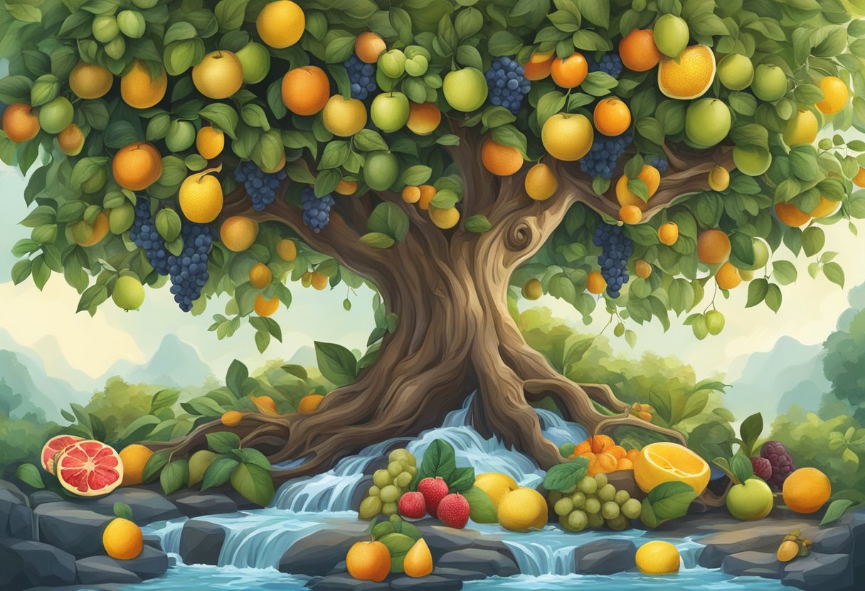 A tree with abundant fruit surrounded by overflowing streams of water