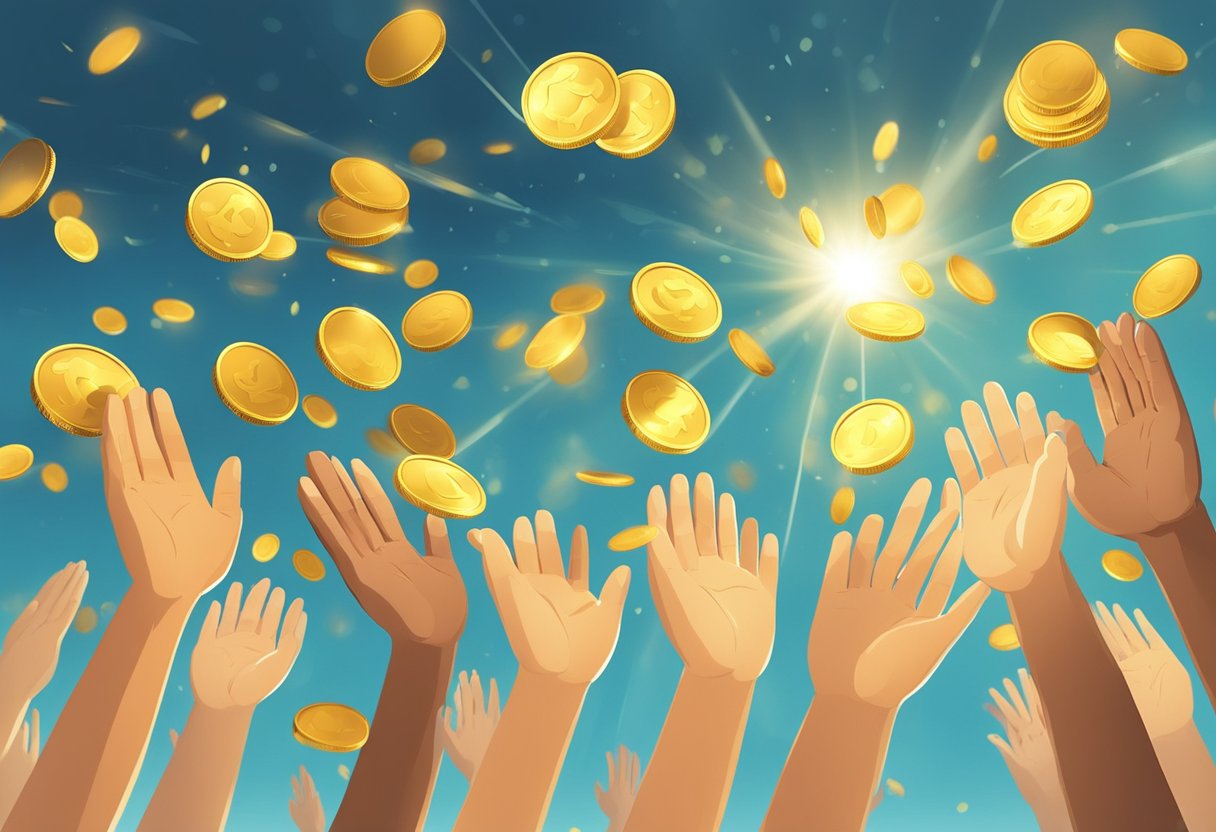 A scene of open hands receiving a shower of golden coins from the sky, surrounded by a warm, glowing light