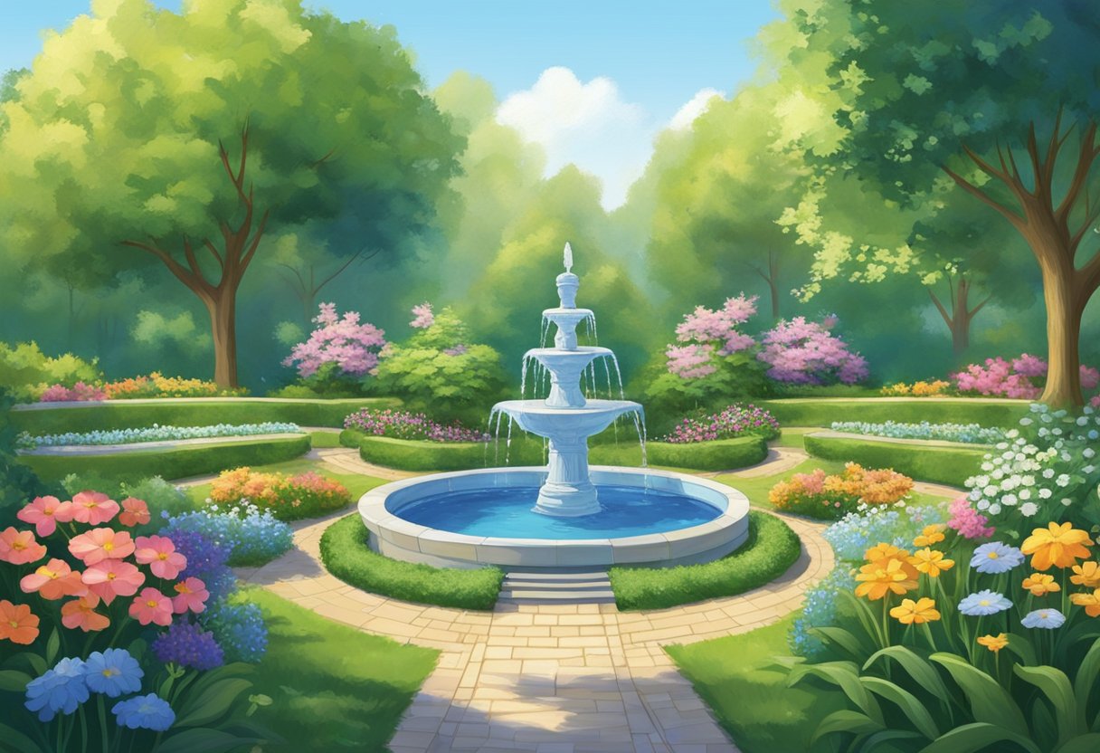 A serene garden with two paths converging at a peaceful fountain, surrounded by blooming flowers and lush greenery, under a clear blue sky