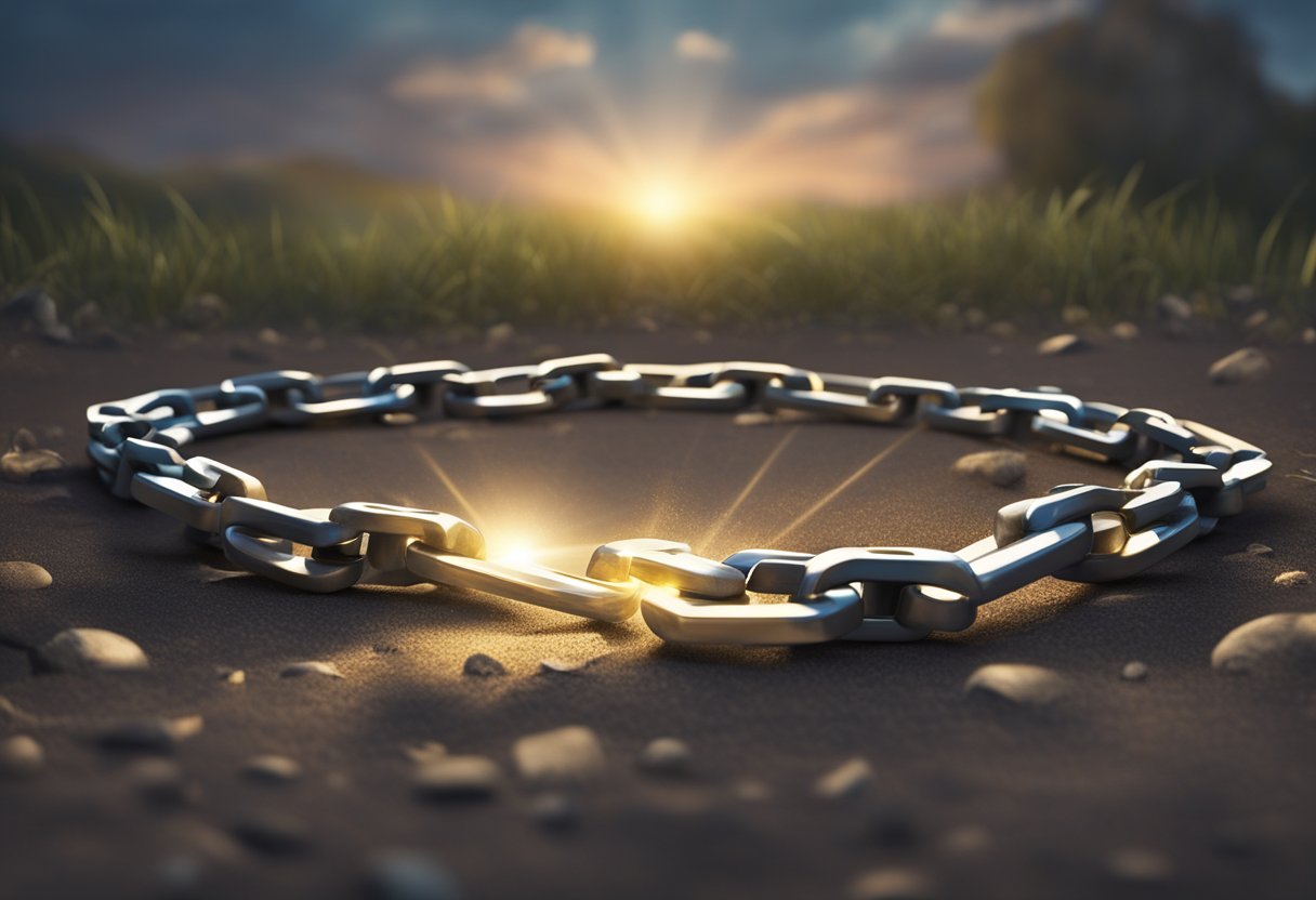 A broken chain lying on the ground, with a beam of light shining through the gap, symbolizing hope and potential for restoration