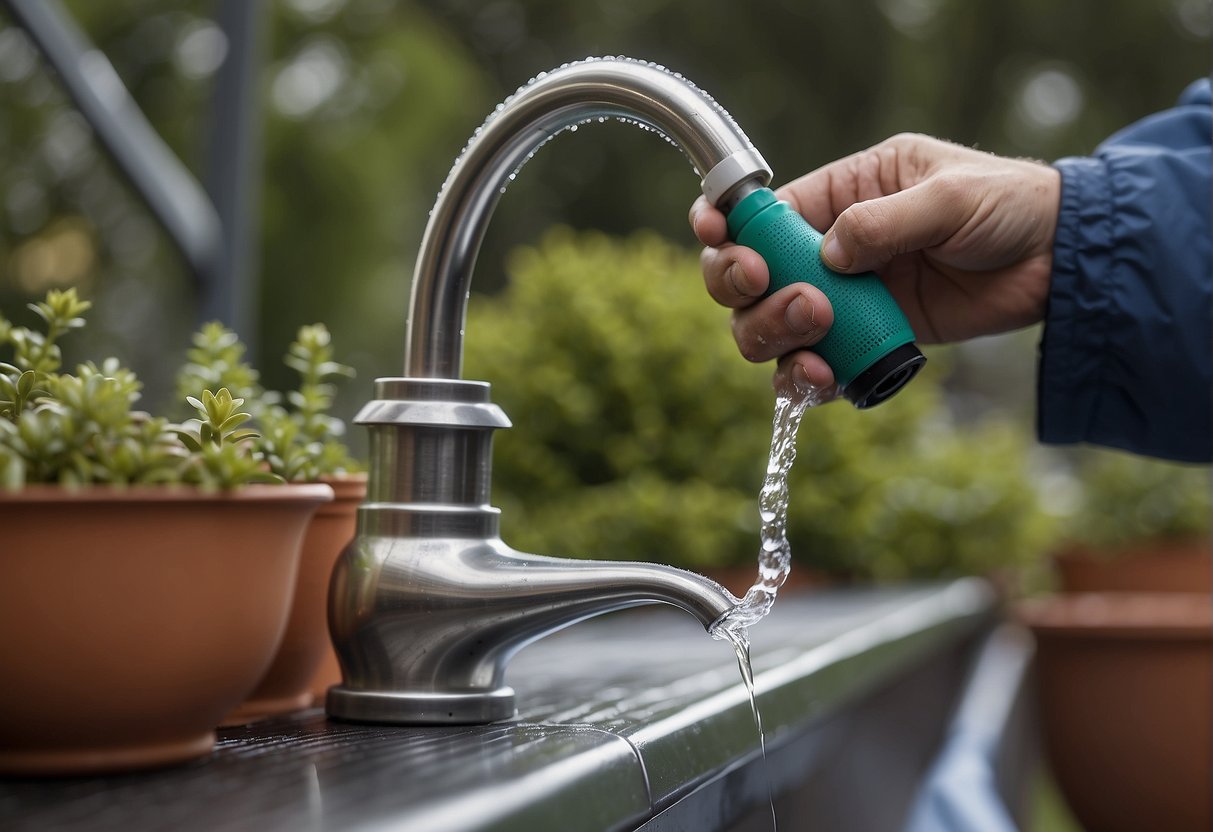 A hand applying sealant around an outdoor faucet to prevent freezing. Hose and garden tools in the background