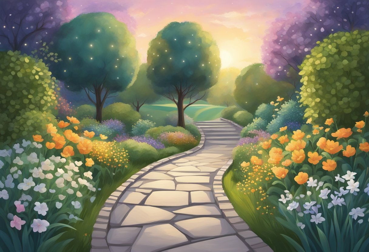 A peaceful garden with two paths merging into one, symbolizing reconciliation. A bright light shining on the merging point, representing breakthrough in restoring broken relationships