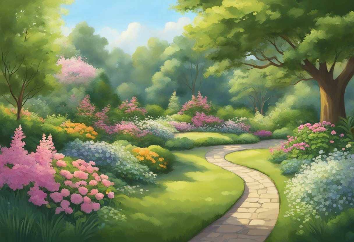 A serene garden with a winding path leading to a peaceful, sunlit clearing, surrounded by blooming flowers and lush greenery. A sense of hope and reconciliation fills the air
