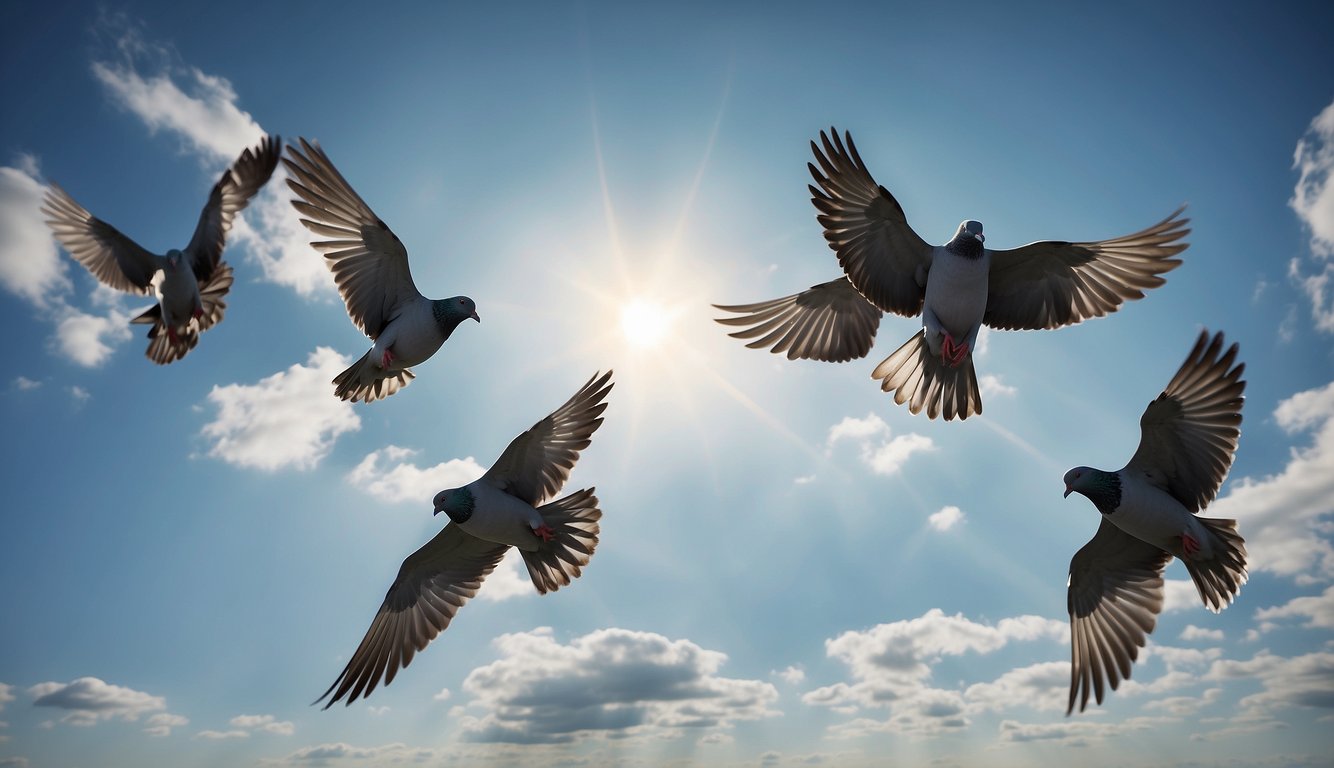 Pigeons flying in a clear sky, using their magnetic sense to navigate.

The Earth's magnetic fields are visualized as lines of force surrounding the birds