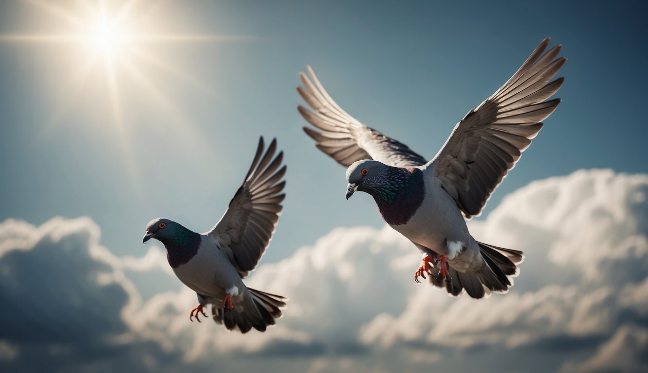 Pigeons flying in the sky, their heads tilted slightly as they navigate the Earth's magnetic fields with their biological compass
