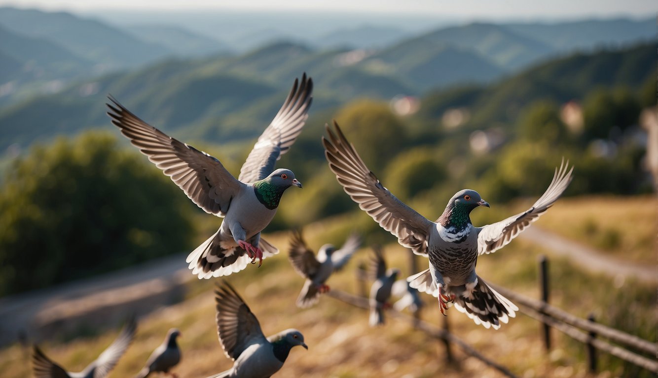 Pigeons navigate using Earth's magnetic fields.

Show a pigeon flying above a landscape, with magnetic lines visible in the background
