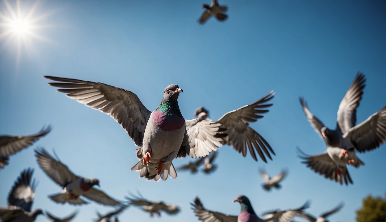 Pigeons flying in a clear blue sky, using their magnetic sense to navigate.

The Earth's magnetic fields are subtly depicted in the background
