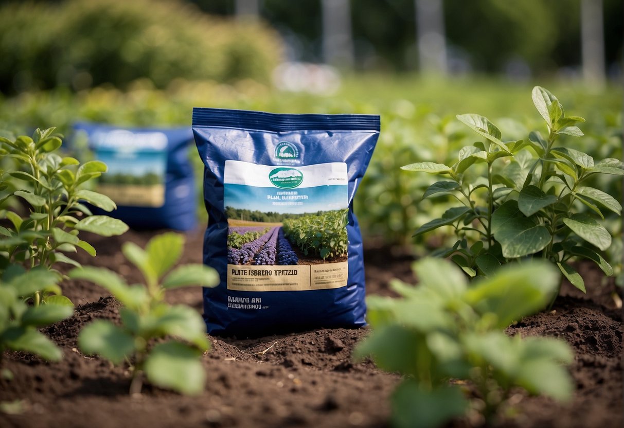 A bag of organic blueberry fertilizer sits next to a row of thriving blueberry bushes in a sunny, well-drained garden