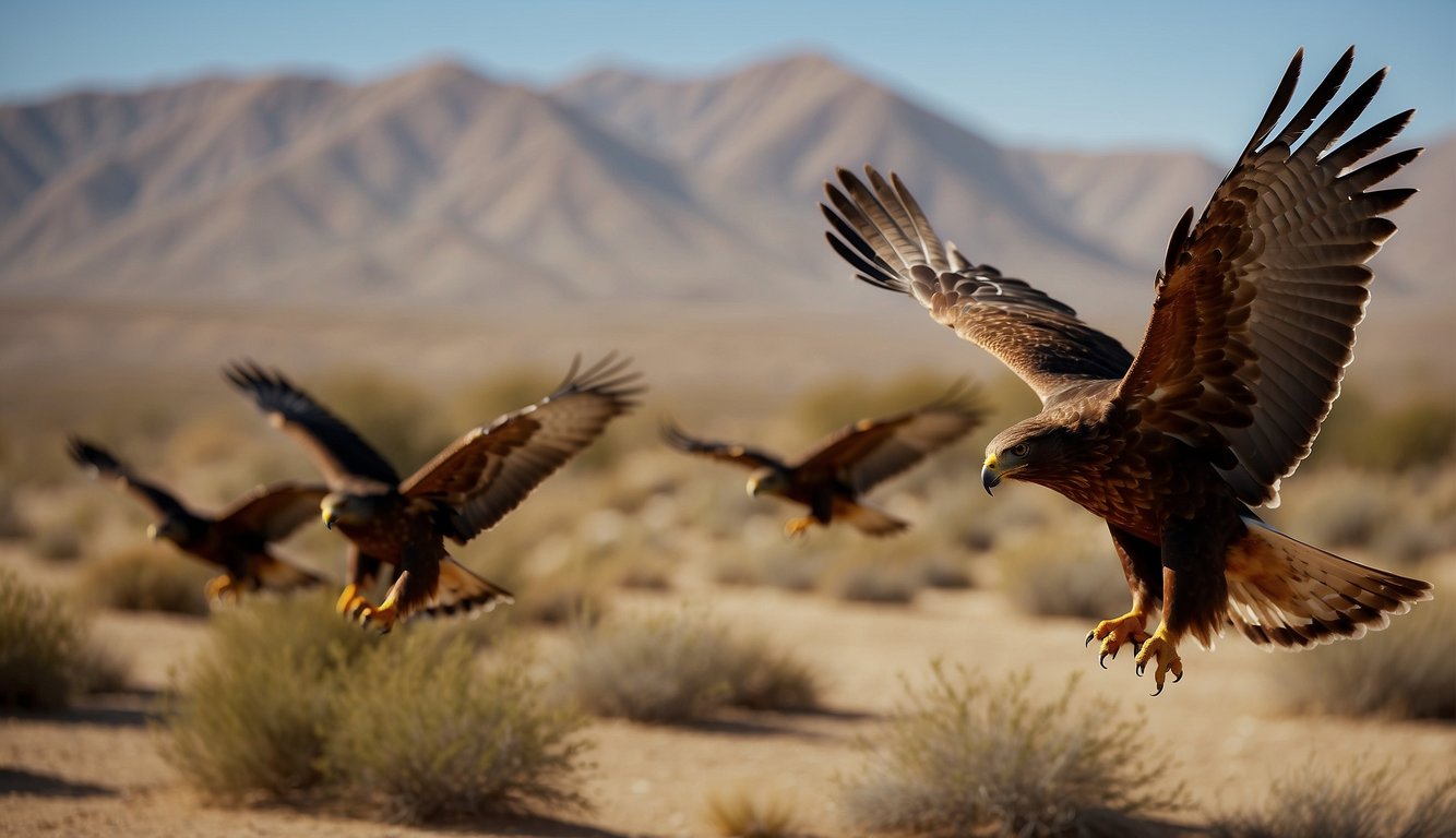 Harris Hawks soaring in formation, scanning the desert landscape.

One hawk swoops down, flushing out prey. Others dive in for the cooperative hunt