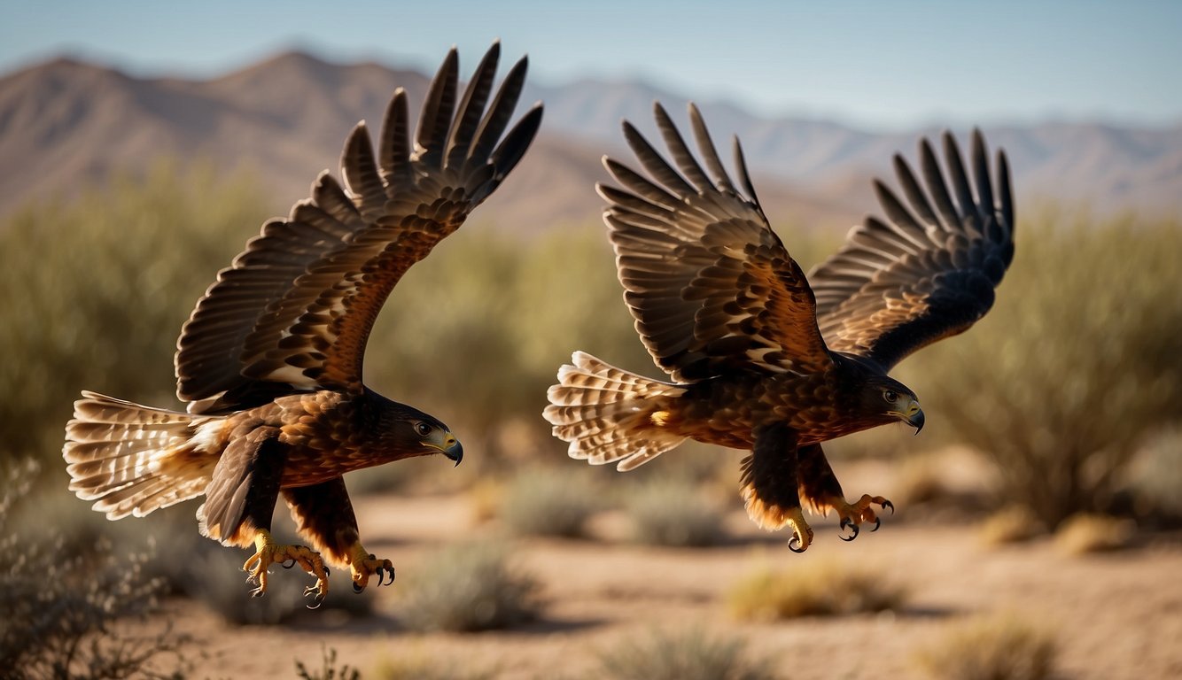 Harris hawks soar above the desert, communicating with each other through high-pitched calls.

They work together to flush out prey, using their sharp eyesight and agile flight to swoop in for the kill
