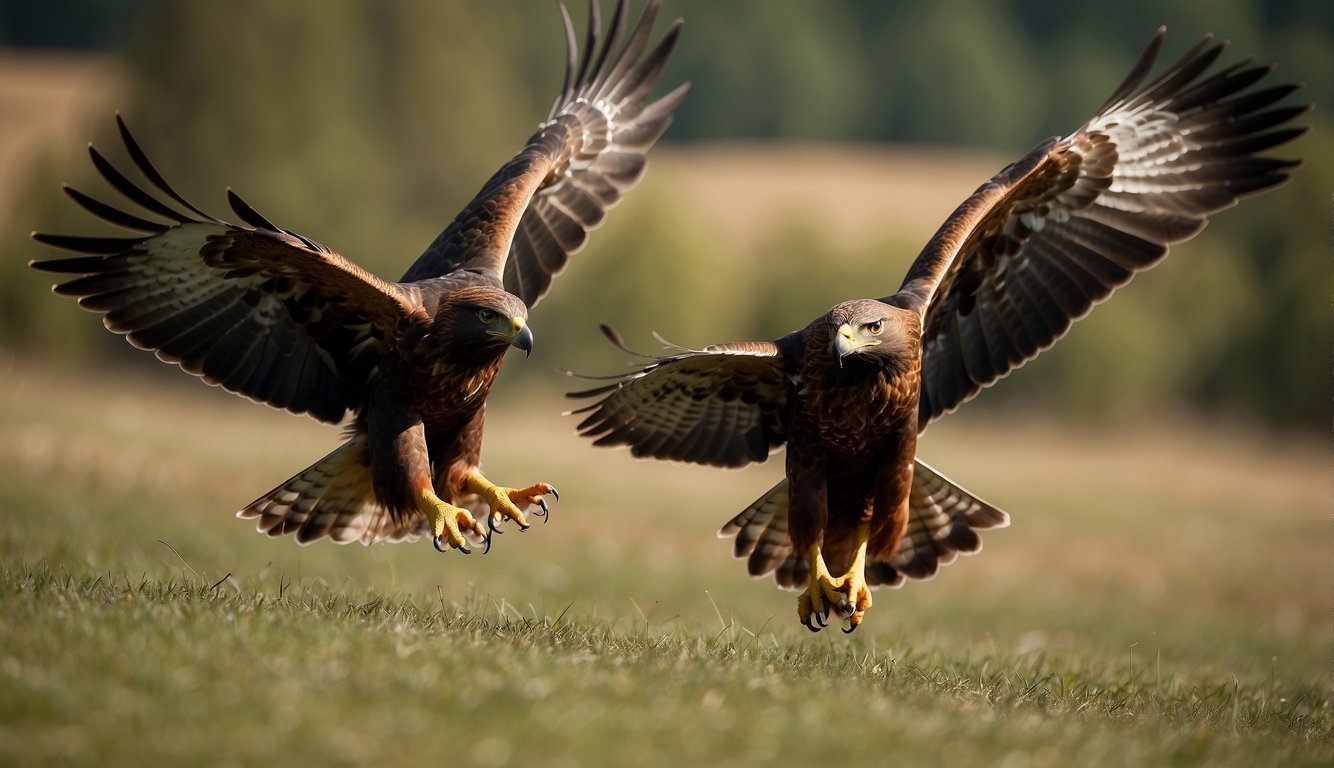 Harris hawks soar in the sky, scanning the ground for prey.

They communicate with each other through calls and body language, coordinating their movements to surround and capture their target