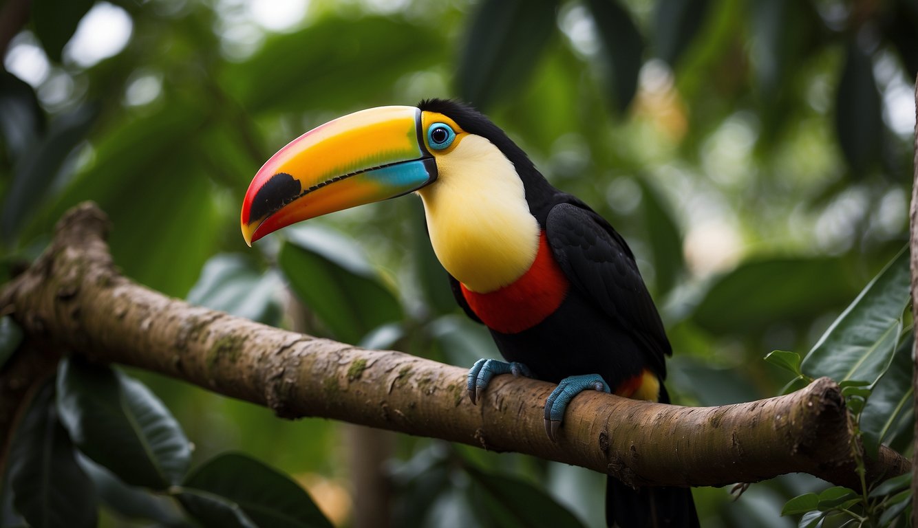 A colorful toucan perches on a tree branch, using its large, vibrant bill to pluck fruit from the surrounding foliage