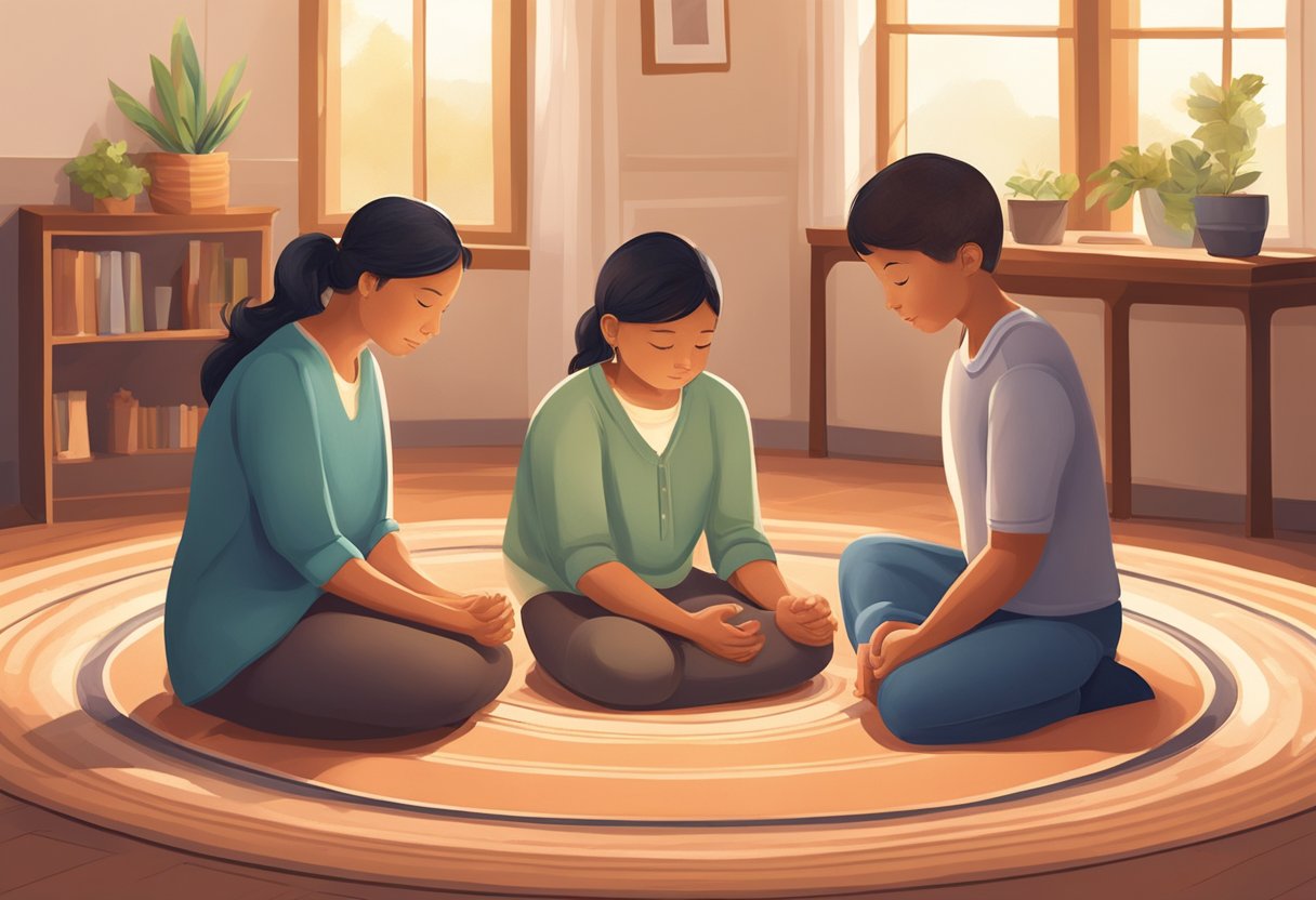 A family of four sits in a circle, holding hands and bowing their heads in prayer. The room is filled with warm, soft light, creating a sense of peace and unity