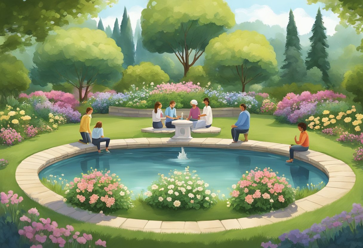 A peaceful garden with blooming flowers and a serene pond, surrounded by a circle of family members holding hands in prayer