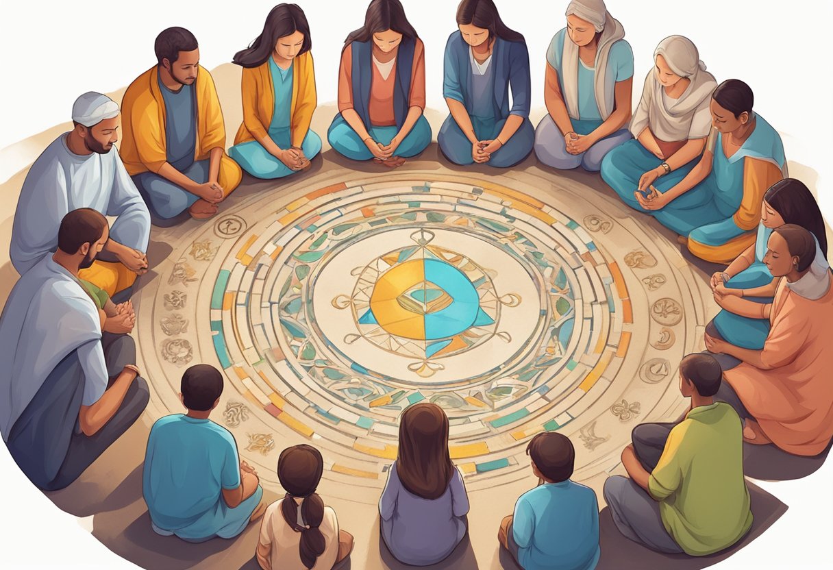 A family sitting in a circle, holding hands, with heads bowed in prayer, surrounded by symbols of harmony and unity