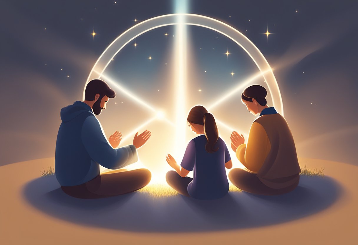 A family sits in a circle, holding hands, surrounded by soft glowing light. They bow their heads in prayer, emanating a sense of peace and unity
