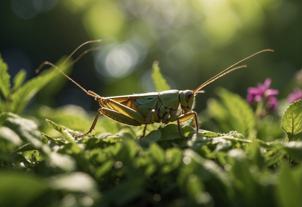 Crickets consume green leaves and grass in a vibrant garden setting