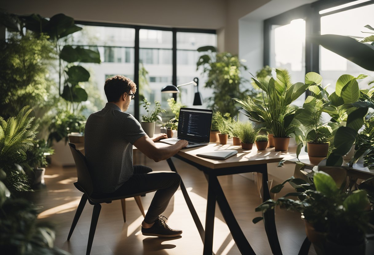 A person sitting at a desk, watching a masterclass on a laptop with a notebook and pen nearby, surrounded by plants and natural light