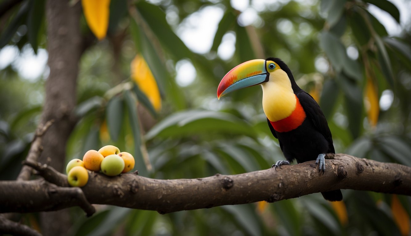 A toucan perched on a tree branch, using its large bill to pluck fruits.

The bill's vibrant colors and curved shape are prominent