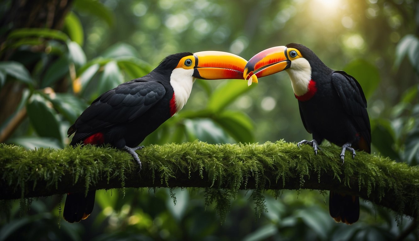 Toucans perch in lush rainforest.

Their vibrant bills stand out against the green foliage. They forage for fruits and insects, showcasing the purpose of their iconic beak