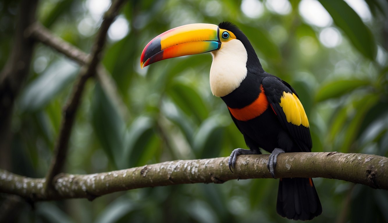 A colorful toucan perched on a tree branch, its large bill raised inquisitively as it gazes at the surrounding forest