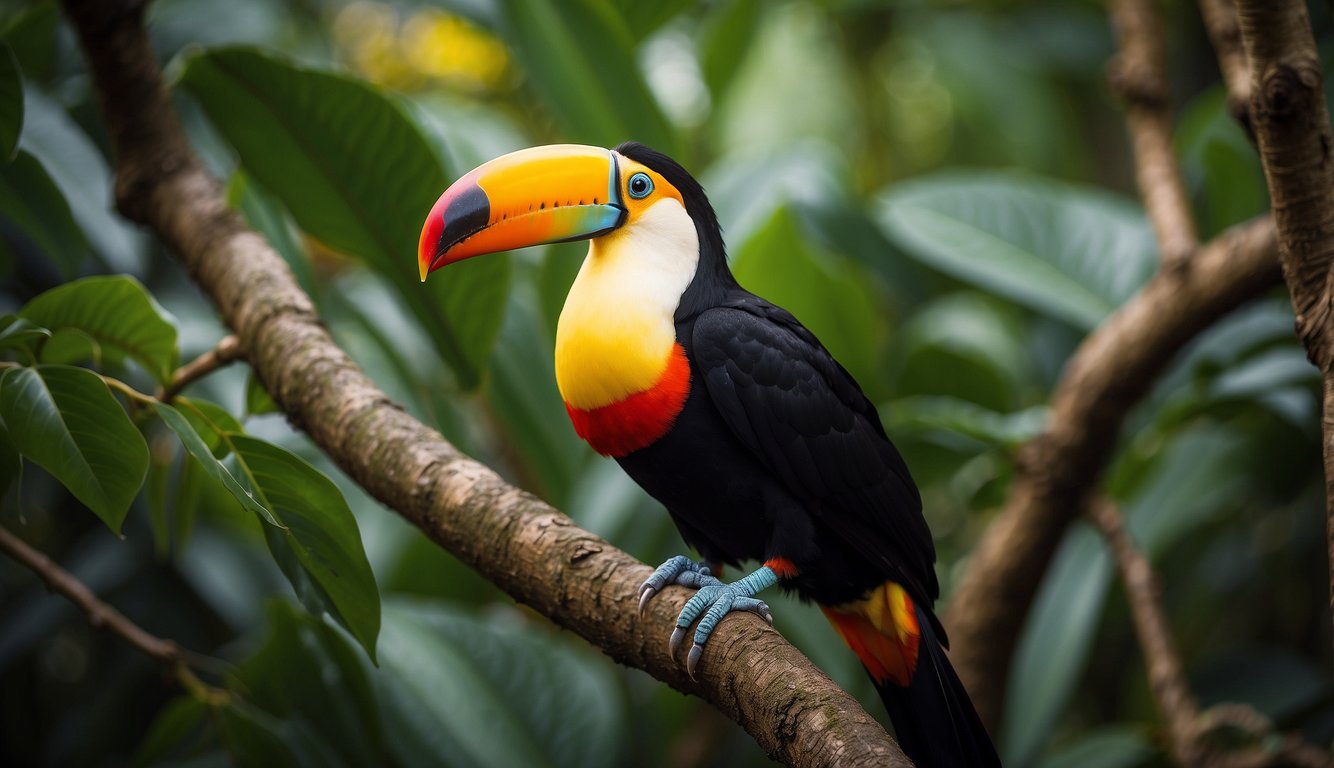 A colorful toucan perched on a tree branch, its large bill prominently displayed.

Surrounding foliage and smaller birds in the background