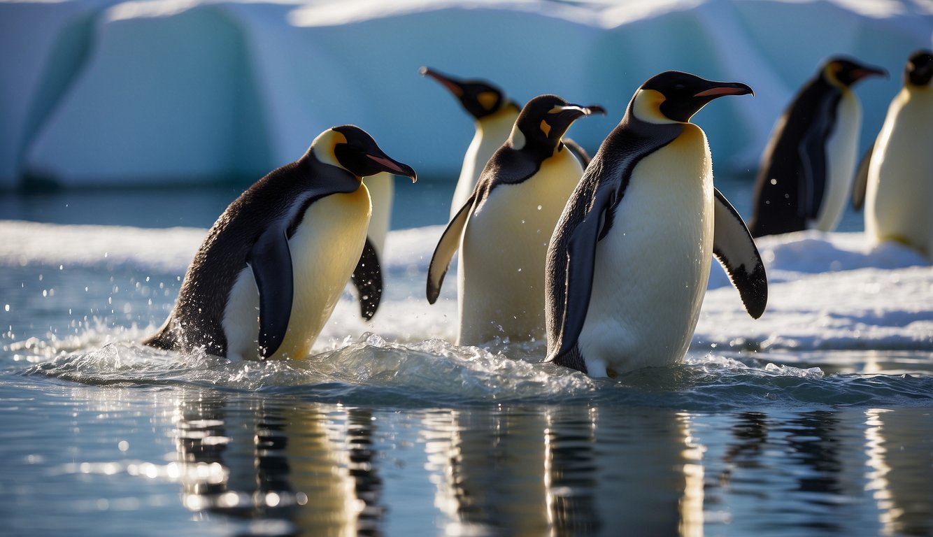 Emperor penguins dive into icy waters, sleek bodies slicing through the depths.

Sunlight filters through the water, illuminating their graceful movements