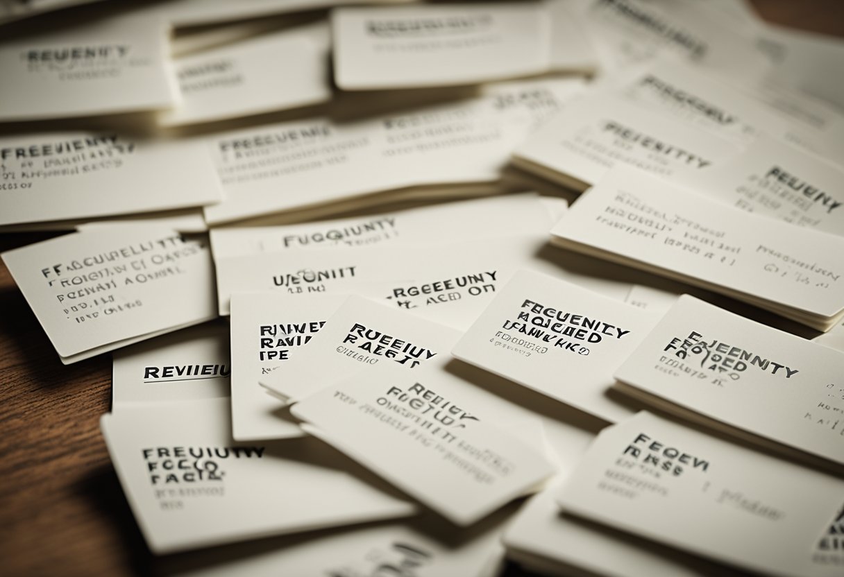 A stack of review cards with "Frequently Asked Questions" on a desk
