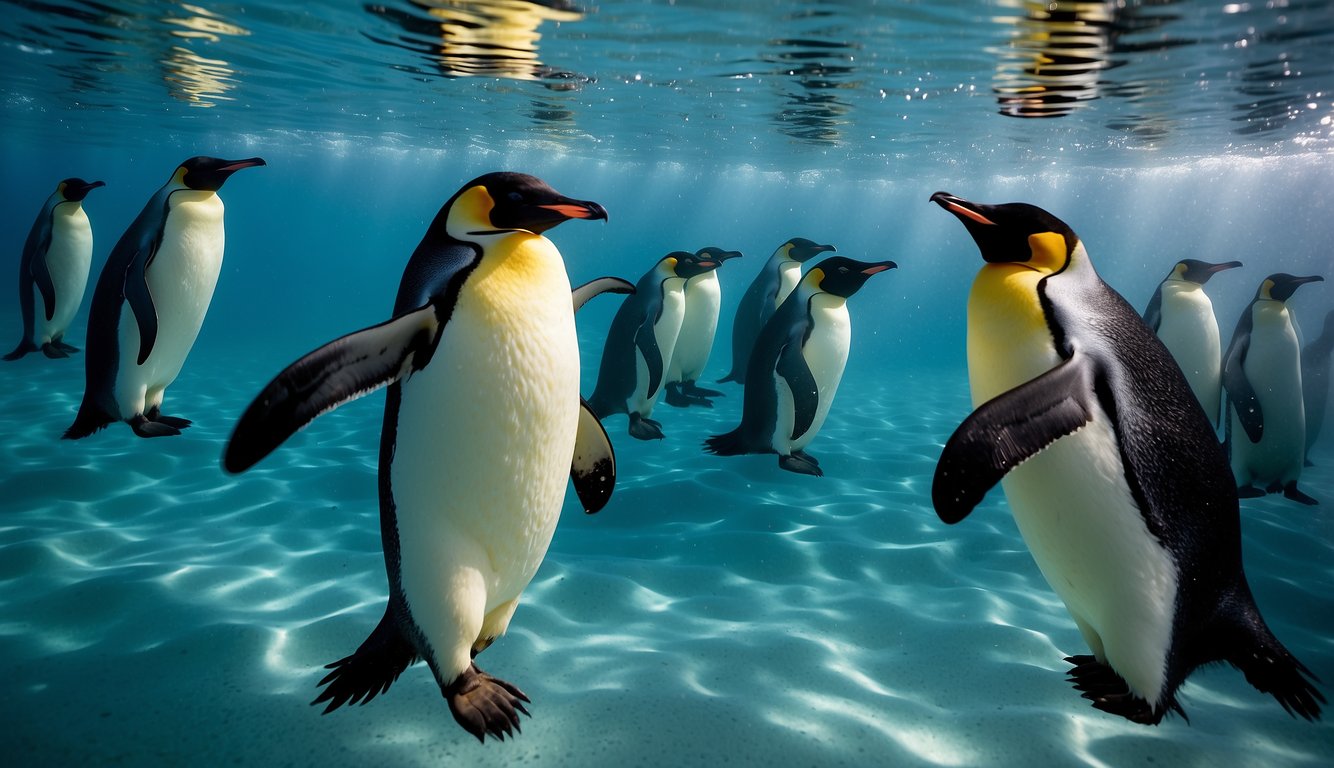 Emperor penguins gracefully glide through the icy waters, their sleek bodies diving deep into the ocean depths, surrounded by a shimmering underwater world