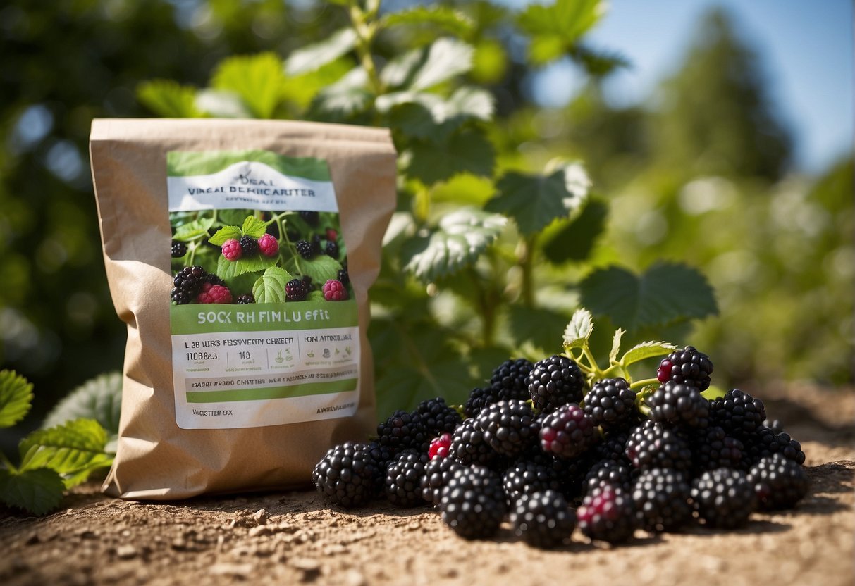 A bag of organic fertilizer sits next to a row of flourishing blackberry bushes in a sunny garden. The label on the bag reads "Ideal for blackberry plants."