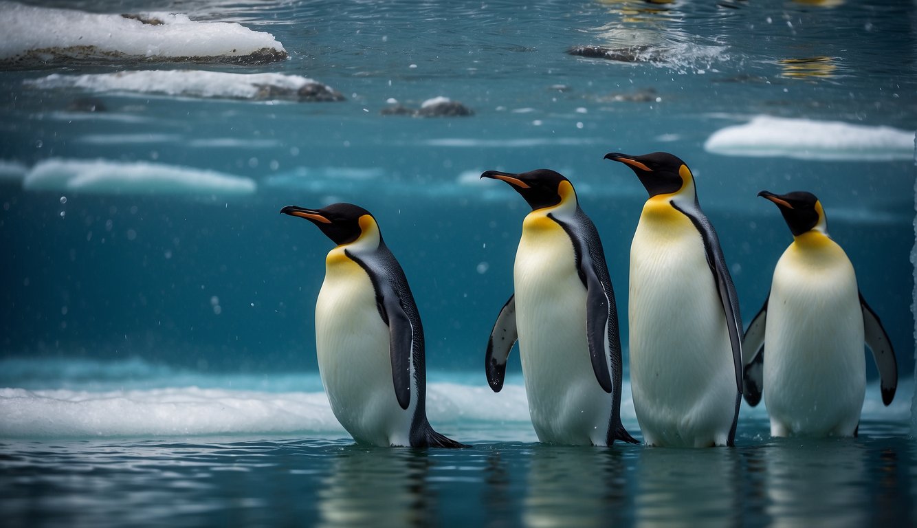 Emperor penguins gracefully navigate through the icy depths, their sleek bodies slicing through the water as they hunt for food and explore their underwater world