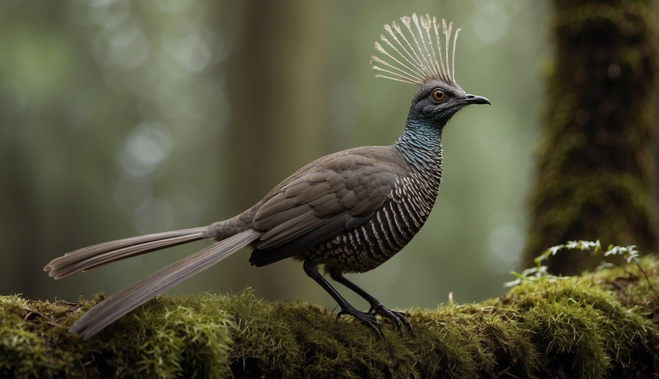 A lyrebird perches on a moss-covered branch, mimicking the calls of other birds and the sounds of the forest.

Its tail fans out in an elegant display as it sings