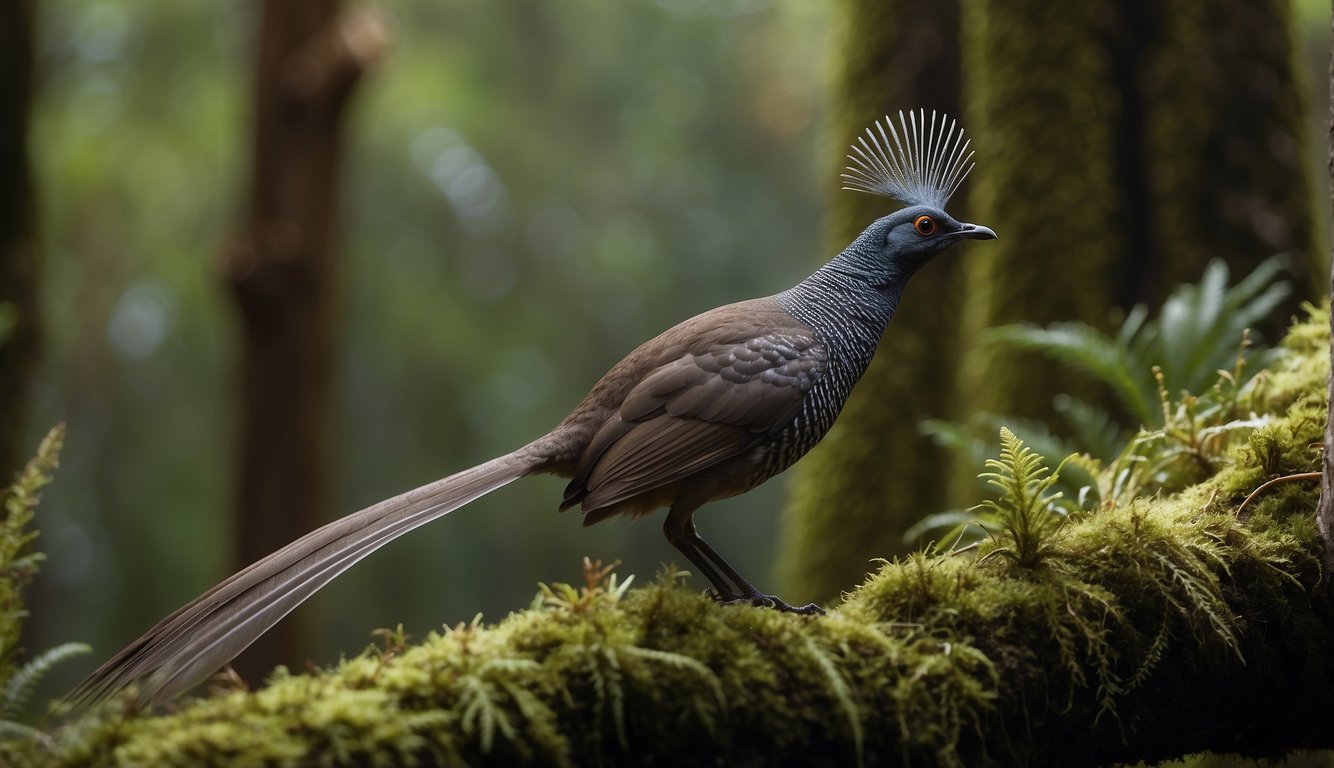 A lyrebird perched on a moss-covered branch, mimicking the sounds of other creatures in the forest.

Its feathers are vibrant and its tail is fanned out, showcasing its impressive display of mimicry
