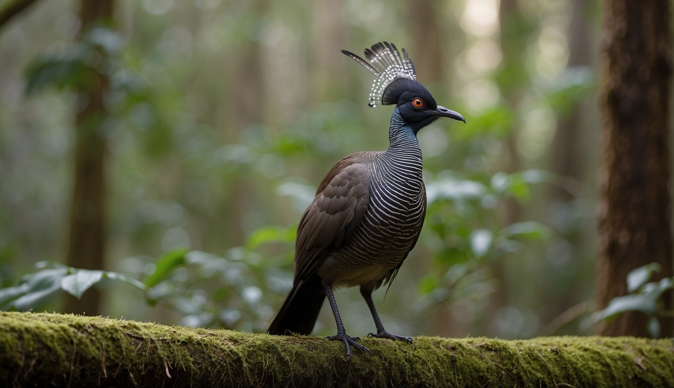 Lyrebirds perform elaborate courtship displays, mimicking sounds of the forest.

Males flaunt their tail feathers while vocalizing a symphony of natural and man-made sounds to attract a mate