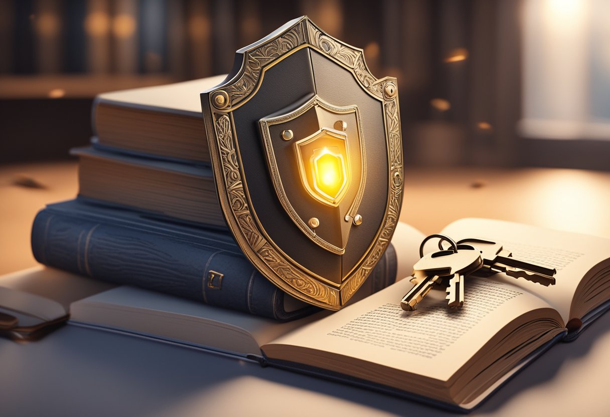 A glowing shield surrounds a book with a lock. A key hovers above, emitting a protective light. Surrounding the book are symbols of security and strength