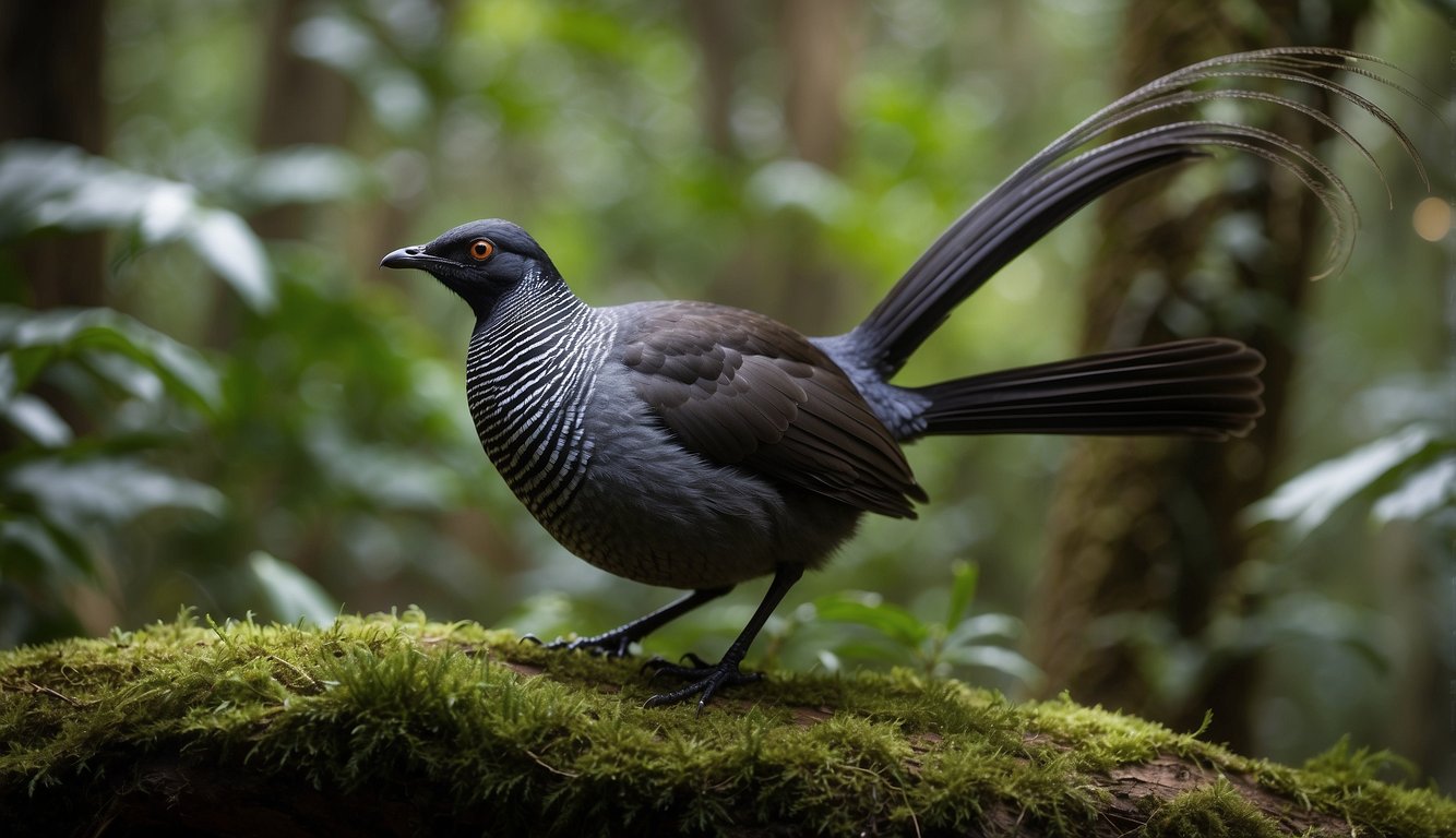 The lyrebird mimics the sounds of the forest, showcasing its mastery of sound imitation in the wild.

It stands among lush foliage, surrounded by diverse flora and fauna