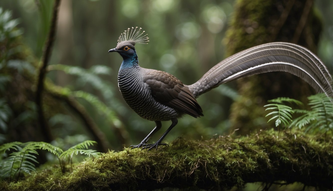 A lyrebird perched on a moss-covered branch, surrounded by lush foliage.

Its tail feathers fanned out as it mimics the sounds of other animals and natural elements