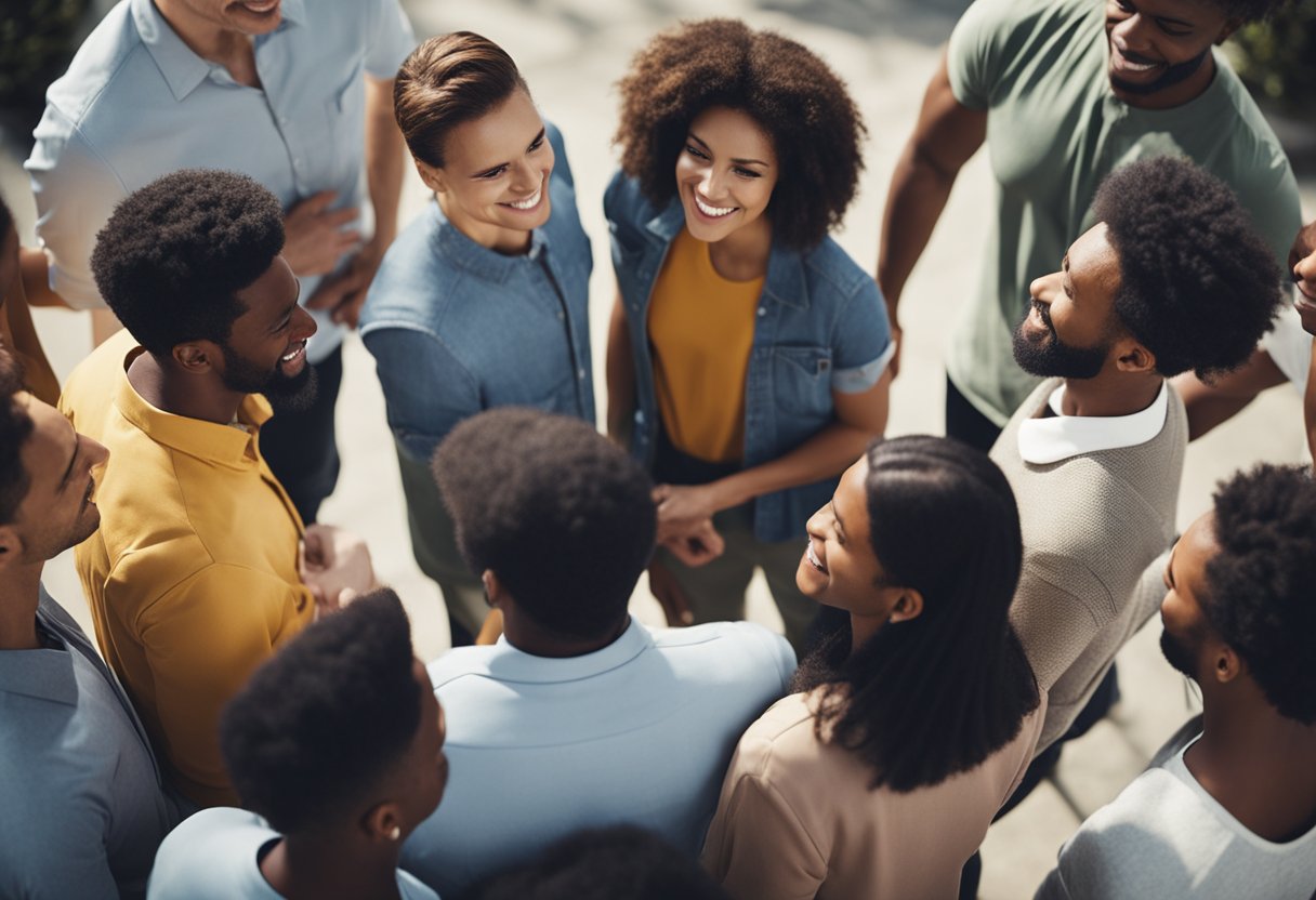 A diverse group of people gather in a circle, symbolizing community and support. They are engaged in conversation, exchanging ideas and knowledge